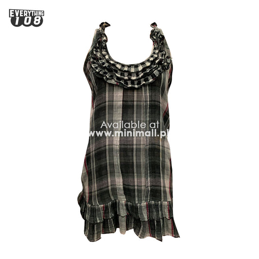 CHECKERED SLEEVELESS RUFFLED NECKLINE DRESS