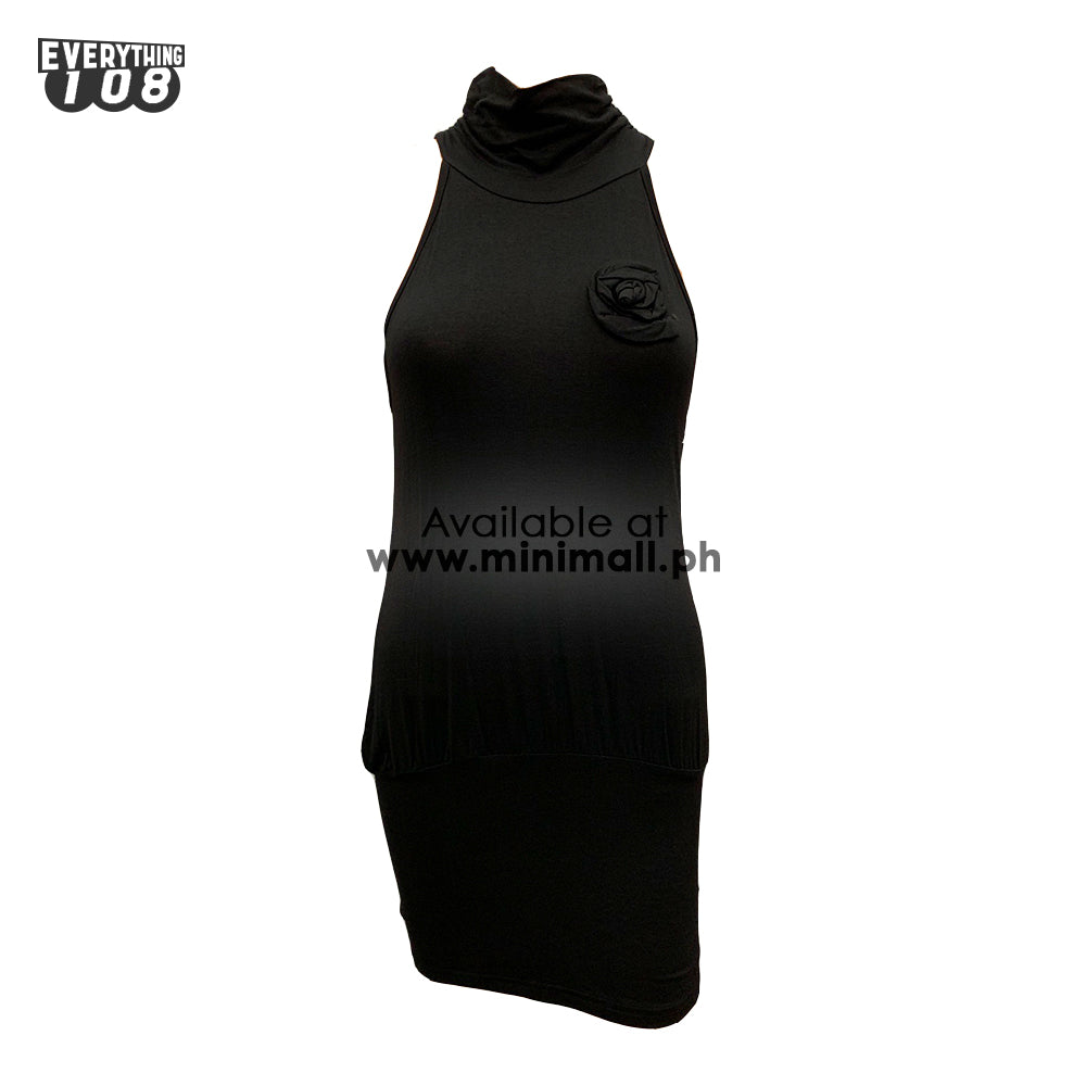 FITTED BLACK ROSE DESIGN COWL NECKLINE DRESS